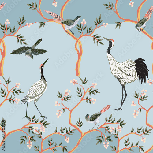 Chinese bird abstract pattern, blue background. Exotic chinoiserie floral wallpaper.