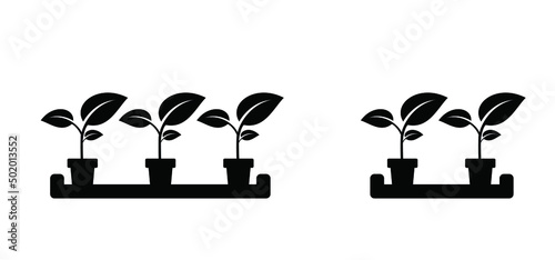 Plant with wooden box. Cartoon garden plant in ceramic pot. Vector icon or pictogram. Flower pots, springtime gardening, farming. Potted plants silhouette. Leaf, growing tree. Flowerpot or houseplant 