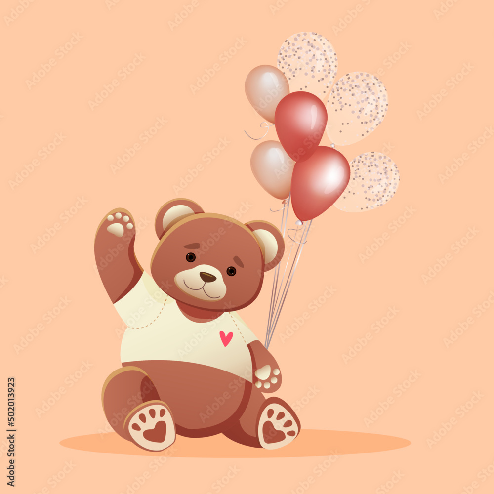 Vector card of a cute teddy bear in a t-shirt with a heart and with balloons in his hand
