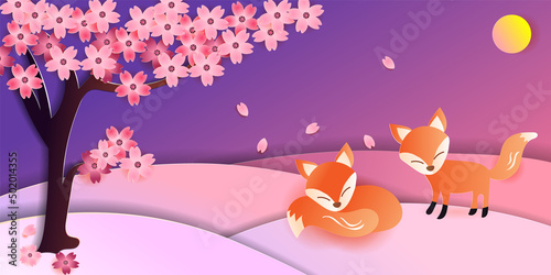 Red foxes with Blooming Sakura Tree at night of the full moon  Paper cut style  Hand drawn vector illustration