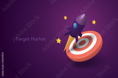 Rocket takes off with a red dartboard on a purple background