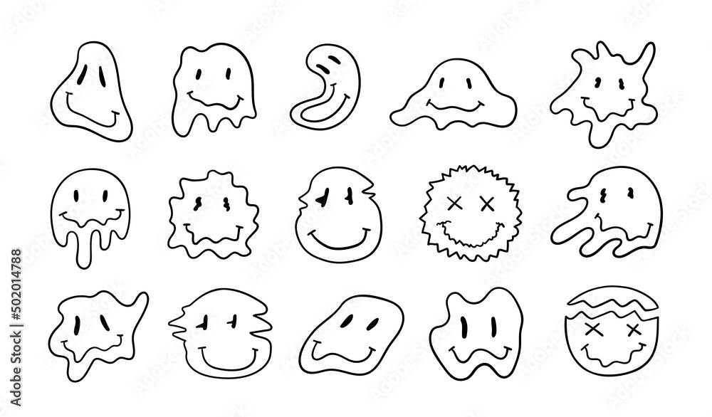 Psychedelic retro smiley set. Crazy and dripping character faces in sketch style. Vector line illustration.
