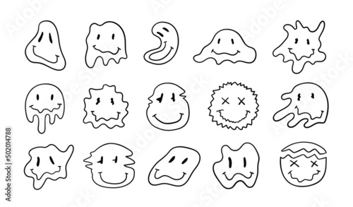 Psychedelic retro smiley set. Crazy and dripping character faces in sketch style. Vector line illustration.