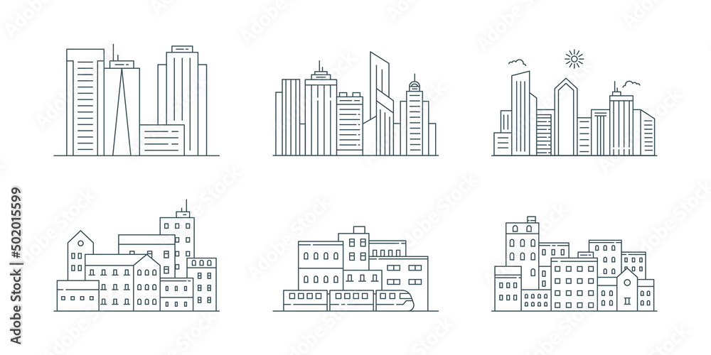 Cityscape and urban landscape line art. Set of landscape line art illustration.