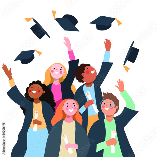 a group of student fellows holding their diplomas and celebrating their graduation by throwing their hats in the air - flat hand drawn vector illustration