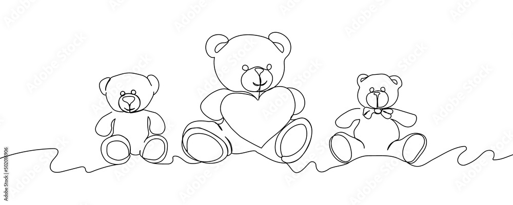 Set of teddy bears continuous line drawing. One line art of February 14, Valentine s day, birthday, love, heart, toy, gift, relationship, romance, relationship.