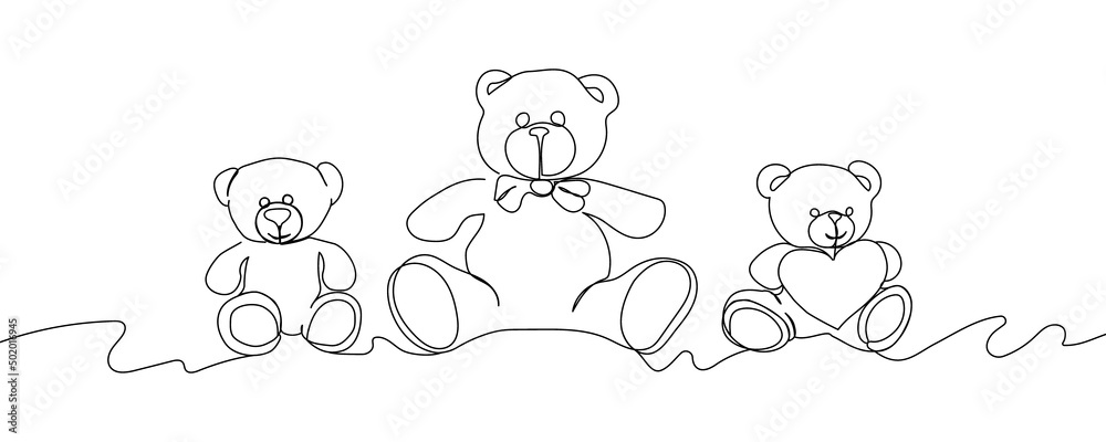 Set of teddy bears continuous line drawing. One line art of February 14, Valentine s day, birthday, love, heart, toy, gift, relationship, romance, kids, relationship.
