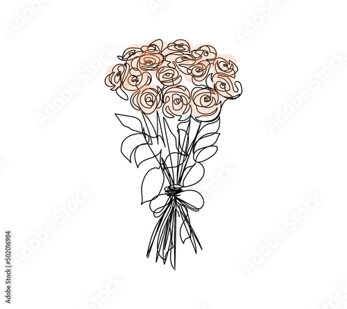 Bouquet of large yellow roses continuous line drawing. One line art of decoration, flowers, roses, garden flowers, bouquet, floristry, romance, gift, relationship, love, peonies, dahlias, carnations.