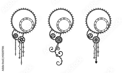 Vintage set of black and white decorative elements with clock-face, gears, cogwheels, curls and chains. Steampunk. Vector design template for greeting card, banner, signage, laser and plotter cutting