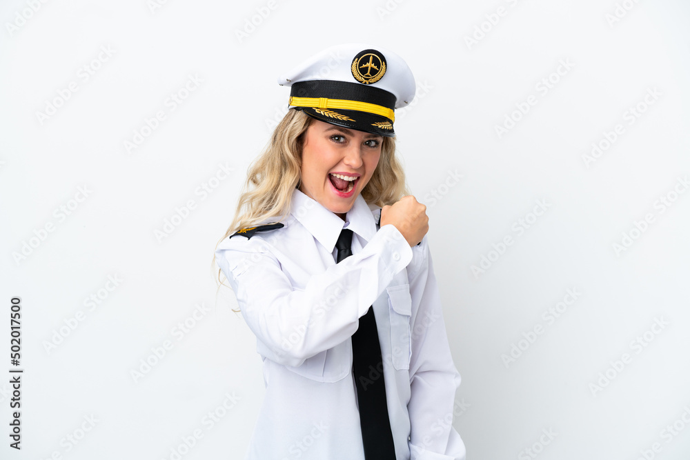 Airplane Brazilian pilot isolated on white background celebrating a victory