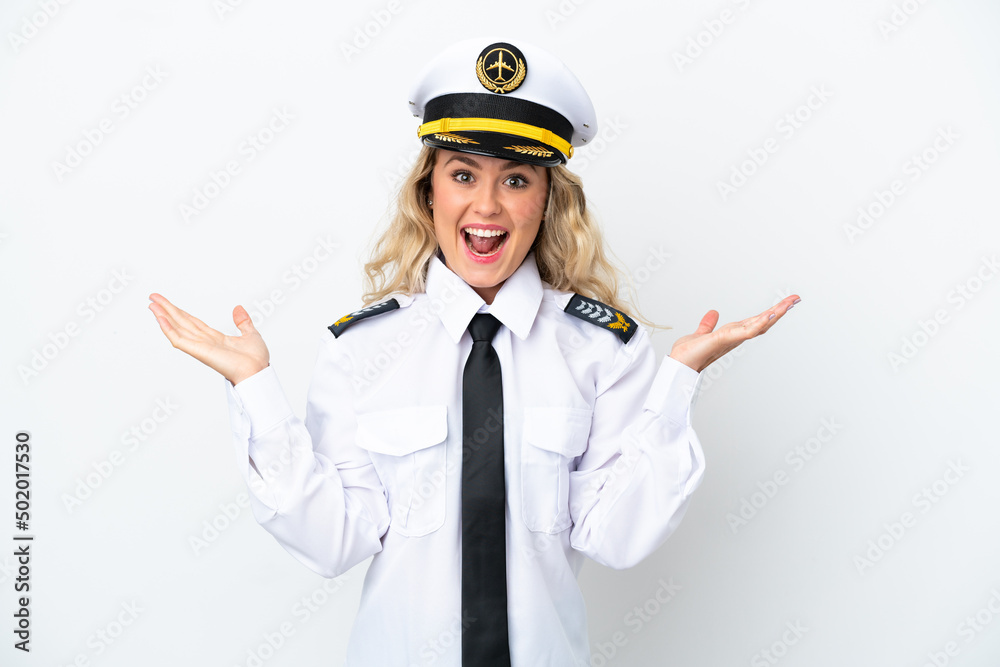 Airplane Brazilian pilot isolated on white background with shocked facial expression Airplane Brazilian pilot isolated on white background with shocked facial expression