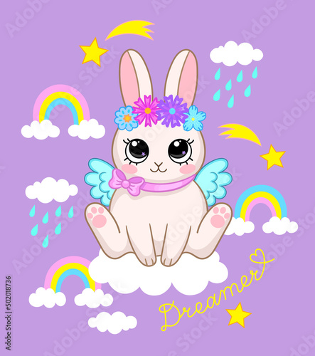 Adorable bunny in flower wreath sitting on cloud. Vector illustration