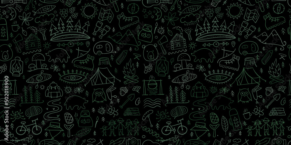 World Tourism Day. Forest and Mountain Tourist Seamless pattern. Camping Background for your design.