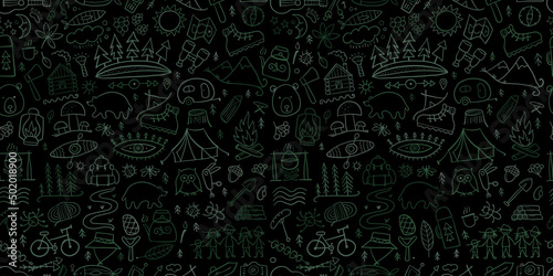 World Tourism Day. Forest and Mountain Tourist Seamless pattern. Camping Background for your design.