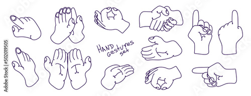 Cartoon hand-drawn different hand gestures set  linear style. Flat icons isolated. Vector Eps 10