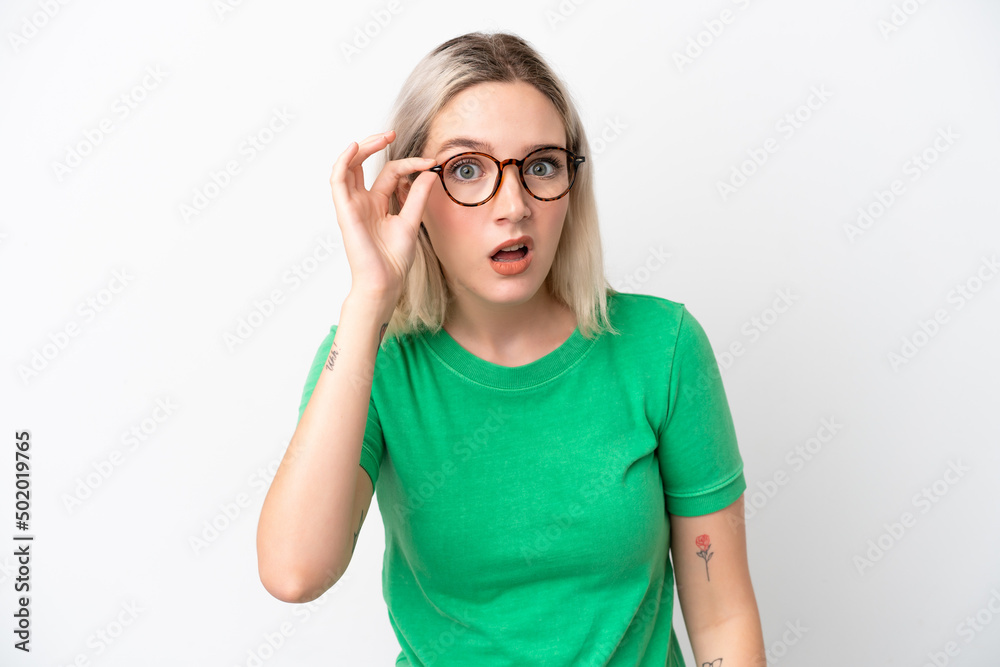Young caucasian woman isolated on white background With glasses and frustrated expression Young caucasian woman isolated on white background With glasses and frustrated expression