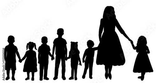 woman and children black silhouette, on white background, isolated, vector