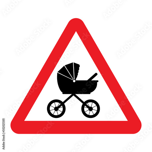 Baby carriage sign. Vector illustration of red triangle warning sign with baby stroller icon inside. Baby on board concept. Caution mother with children.
