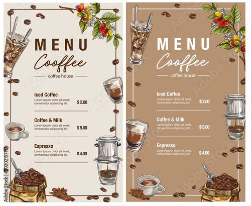 set vintage coffee illustration for poster or menu template. Graphic style elements: label, postcard, sticker, menu, packaging. Can be used for website or social media