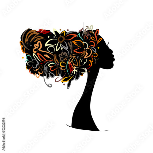 Floral female portrait, pretty woman profile. Design for fashion cards, banne...