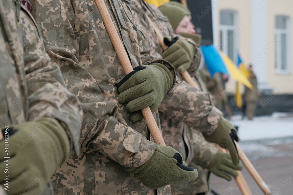 Soldiers of Ukrainian army are standing in the military uniform.