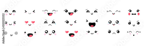 Kawaii cute faces. Manga style eyes and mouths. Funny cartoon japanese emoticon in in different expressions. For social networks. Expression anime character and emoticon face illustration. Background.