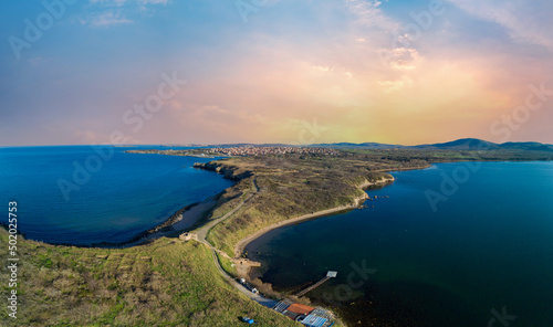 Fototapeta Naklejka Na Ścianę i Meble -  Panorama of the view from a height on the coast washed by the Black sky in Bulgaria