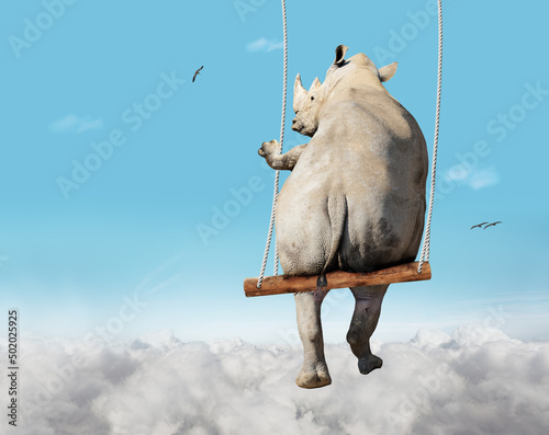 Rhino swinging on swing bar over blue sky with clouds