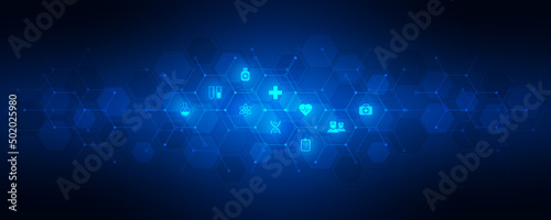 Healthcare and technology concept with flat icons and symbols. Template design for health care business, innovation medicine, pharmaceutical industry, science, medical research.