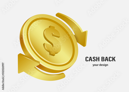 The golden arrow spins around a one dollar coin for making advertising media about cash back promotions,vector 3d isolated on white background for financial concept design