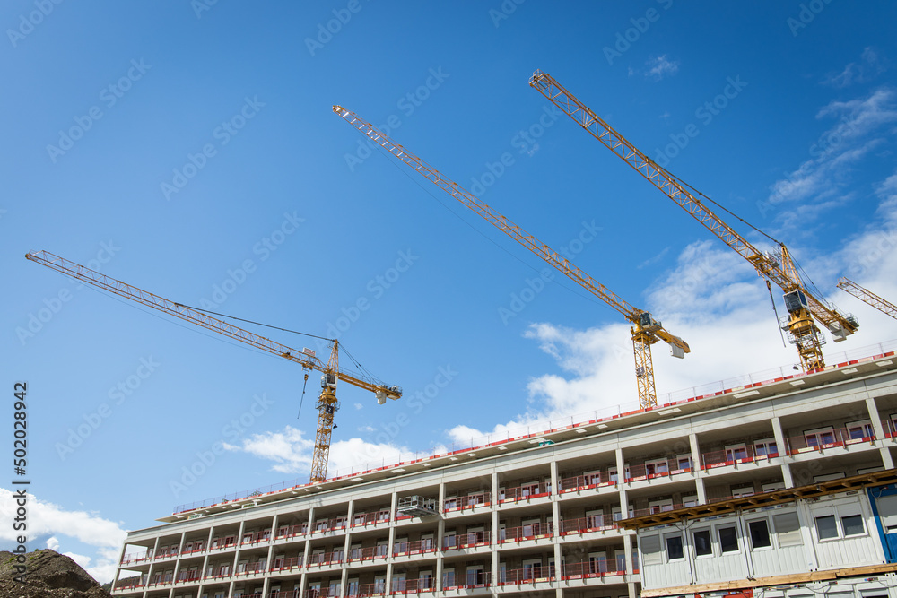 Several tower cranes pointing in the blue clear sky on a building construction site