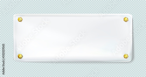 White rectangular painted plate with gold bolt or screws isolated. Vector illustration Eps10.