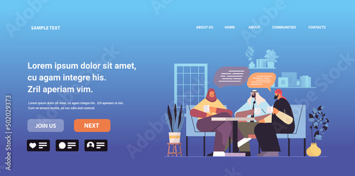 arab businesspeople with chat bubbles discussing during meeting business communication concept
