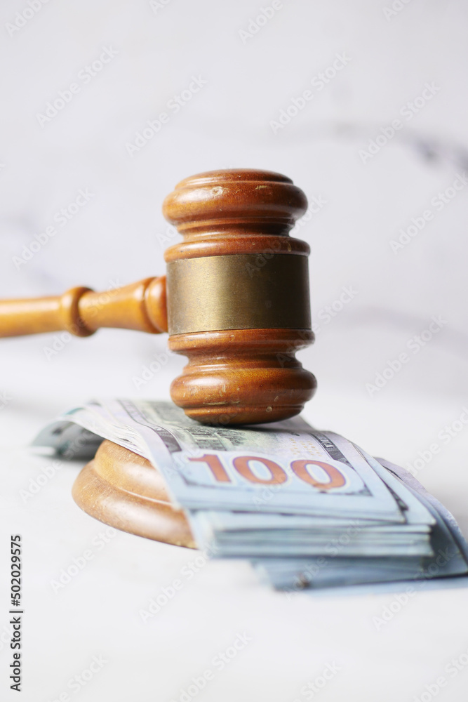 close up of gavel and cash on white background close up of gavel and cash on white background