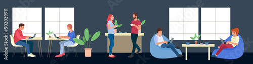 Business people working together in a coworking space, they are connecting with their computers and discussing a project, teamwork concept