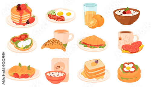 Breakfast, brunch menu set vector illustration. Cartoon cereal toasts and croissants on plate and tea cup, sandwich with sausage, fried egg with bacon isolated on white. Fast food, morning concept