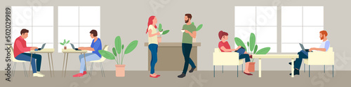 Business people working together in a coworking space, they are connecting with their computers and discussing a project, teamwork concept