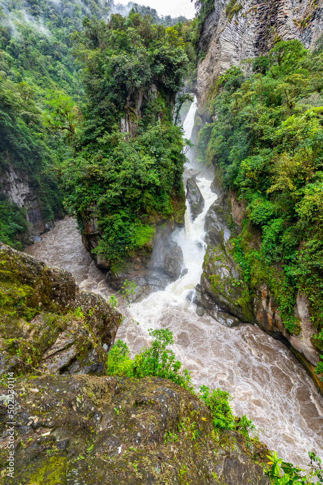 El Pailon del Diablo waterfall in Banos Santa Agua, Ecuador. South America.