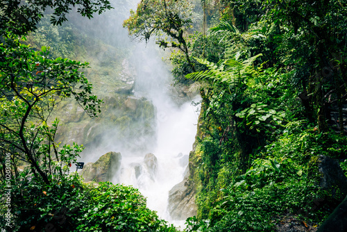 El Pailon del Diablo waterfall in Banos Santa Agua, Ecuador. South America.