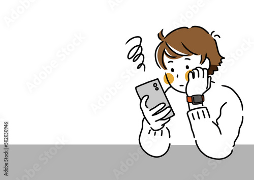 スマホを見てゆううつになる男性のイラスト