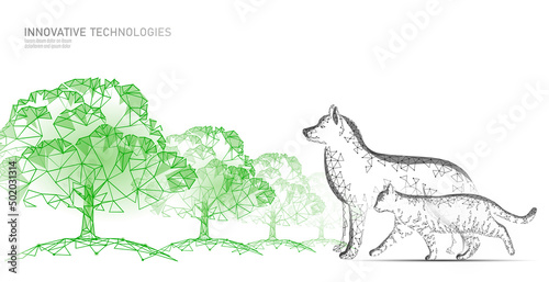 Homeless street animals in the city. Urban stray cat street dogs. Adopt a pet banner. 3D low poly city buildings park landscape vector illustration