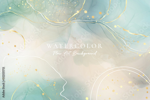 Blue green liquid watercolor background with golden stains and beige. Emerald grey marble alcohol ink drawing effect. Vector illustration design template for wedding invitation, business cover