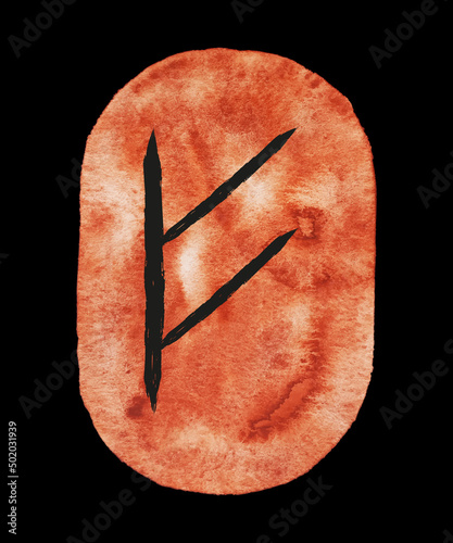 A spot with an imitation of a watercolor effect and a hand drawing of the Fehu rune, isolated on a black background. A symbol of wealth, the element of Fire and Earth. Vector illustration. photo