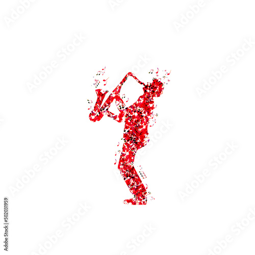 Man playing saxophone made of musical notes. Red musical notes saxophonist vector illustration design for live concert events, music festivals and shows posters, party flyers