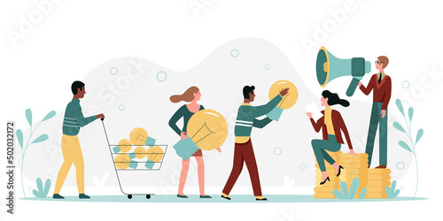 HR team hiring new recruits with creative ideas. Tiny boss holding loudspeaker for interview announcement, people with light bulbs in queue flat vector illustration. Employment, head hunting concept
