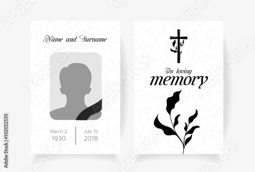 Funeral card template design with branches place under photo cross name and dates of death. Vector illustration in black and white