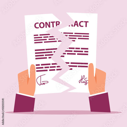 Contract breach and break. Terminated contract.Document cancellation.Agreement in hand for destruction.Vector flat illustration.