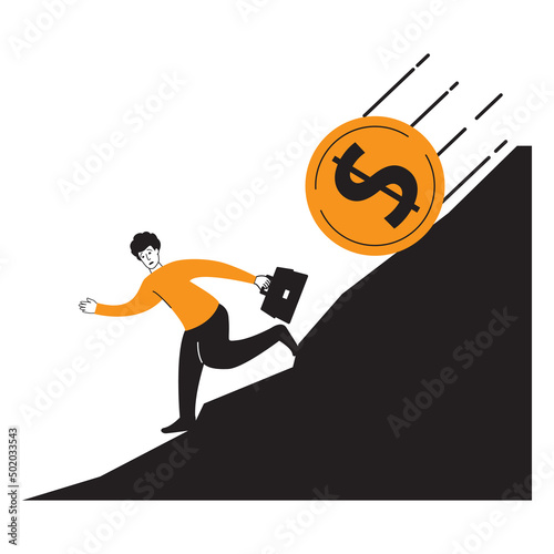 Money loss.Trader losing profits. Economic financial crisis and business failure. Bankruptcy and falling incomes.Downward currency money crisis.Dalling coin dollar.Currency depreciation dollar. 