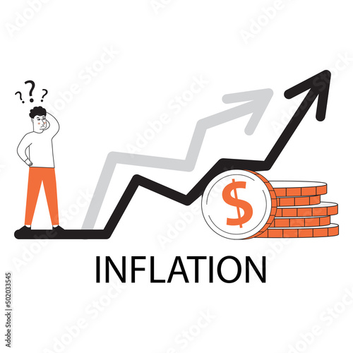 Economic inflation dollar value increase.Cost low and loss. Tiny people standing near piles of coins.Financial crisis.Character cartoon flat cartoon style.Isolated on white background.
