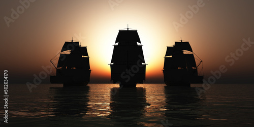 old three ships sunset at sea, 3d rendering